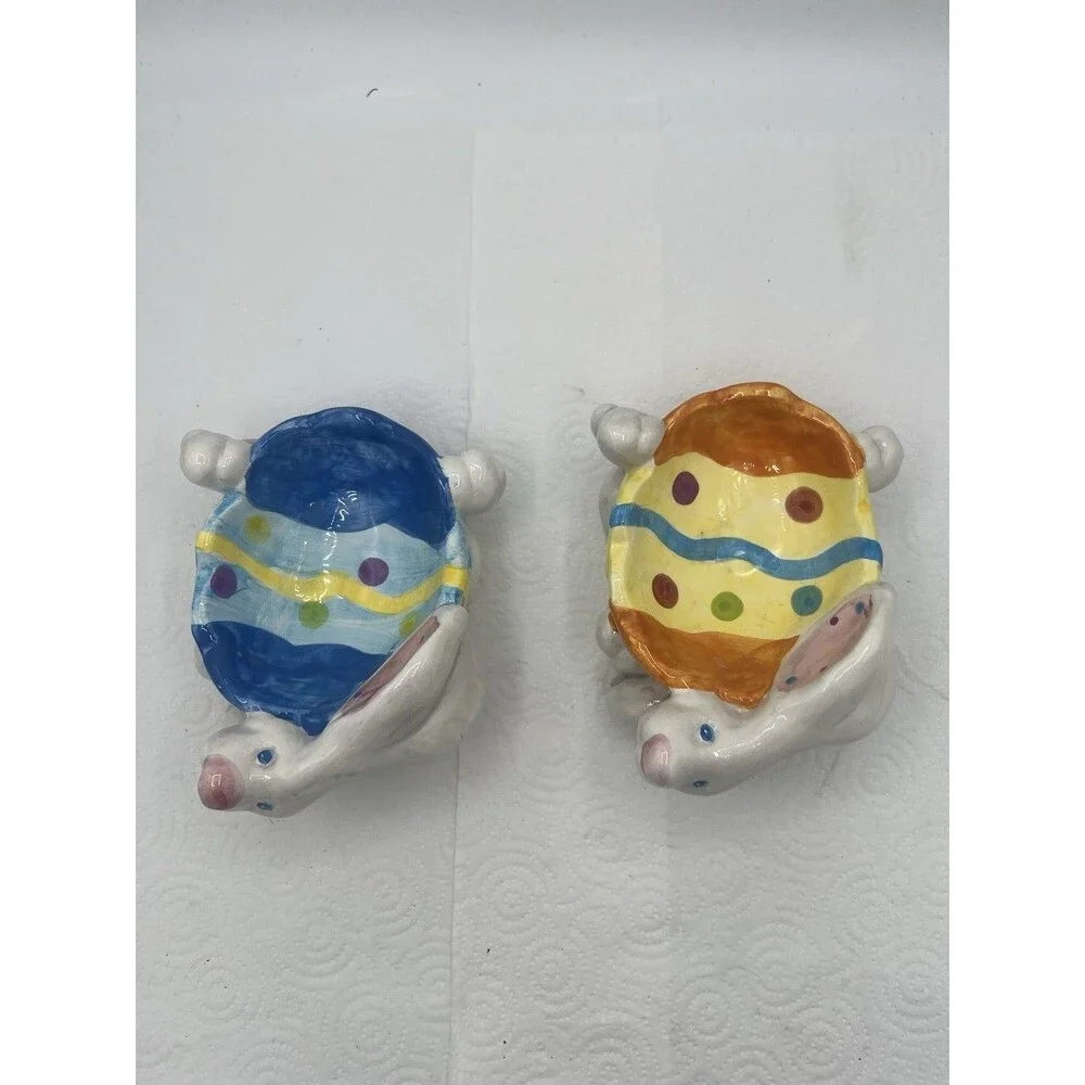2 Colorful Easter Bunny White Rabbit Ceramic Soap Trinket Dish Tray Easter Egg